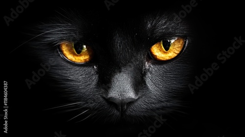 A black cat with yellow eyes can be seen peering from the shadows, its silhouette barely discernible but its intense, unwavering gaze.