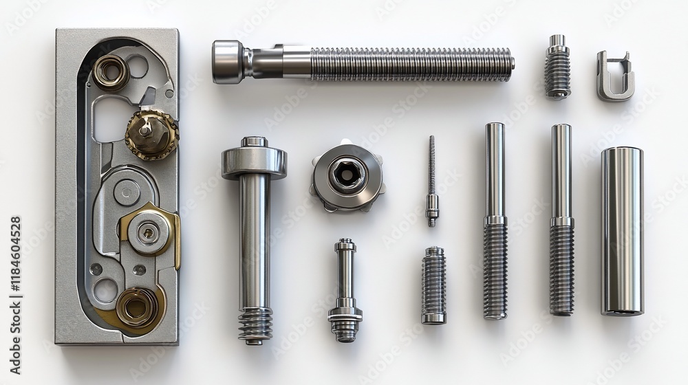 Fototapeta premium Precision metal parts, screws, bolts, and components disassembled on white background.