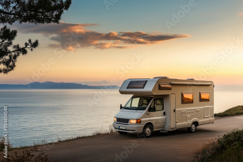 Camper van motorhome at sunset with sea at background, travel, tourism concept