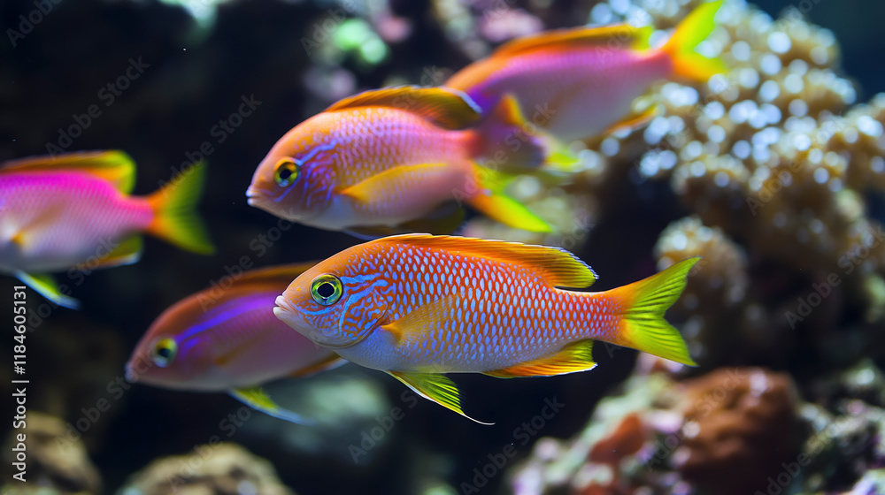 Fototapeta premium Cluster of colorful tropical fish in a vibrant coral reef, showcasing marine biodiversity.