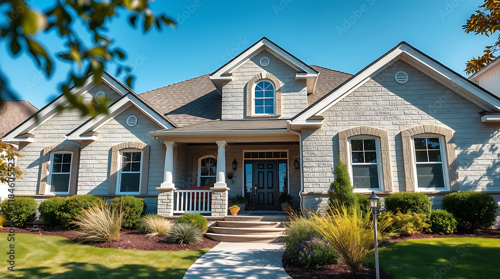 A light gray brick house with a dark gray door, white trim, and a covered porch. Landscaped yard with shrubs and grass. Blue sky is visible. A light gray brick house with a dark gray door, white trim, and a covered porch. Landscaped yard with shrubs and grass. Blue sky is visible.
