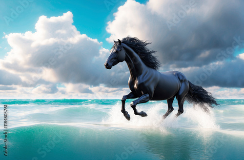 Black beautiful horse on the seashore