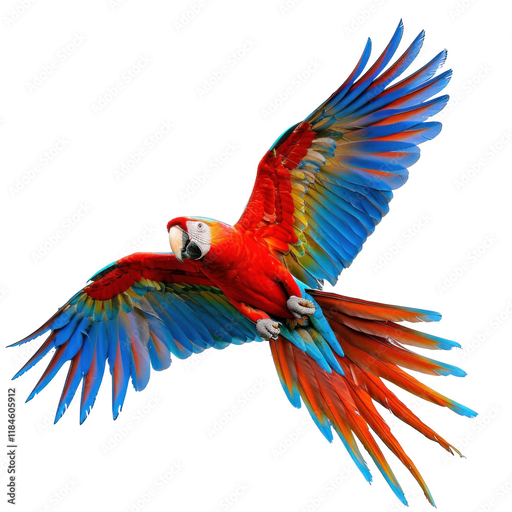 Fototapeta premium Colorful Macaw in Flight Over Clean transparent background, Vibrant Feathers Showcase Natural Beauty