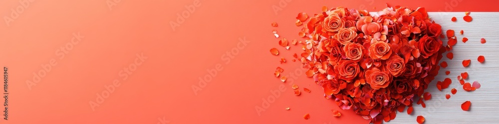 Red roses arranged in heart shape with scattered petals on wooden surface against red background