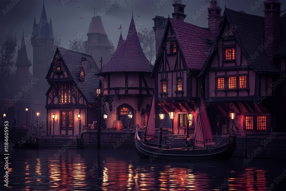 Fototapeta premium A mystical village illuminated by a myriad of lights at night.