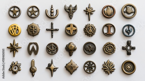 Collection of various bronze metal emblems, badges, or insignia arranged on a white background.