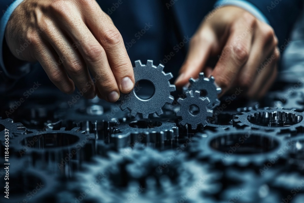 Hands arranging metallic gears, complex mechanism. Hands arranging metallic gears, complex mechanism.