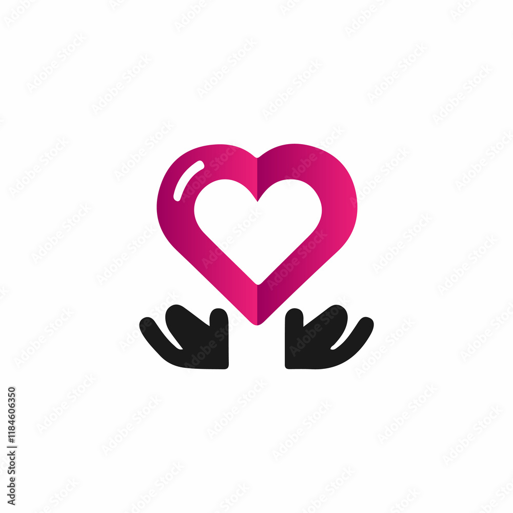 A vibrant pink heart, with a gradient effect, is depicted as being held up by two stylized black hands. A vibrant pink heart, with a gradient effect, is depicted as being held up by two stylized black hands.