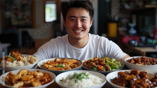 Happy excited Asian guy records mukbang. Vlogger shooting video of eating, trying different dishes. Lots of plates of tasty delicious food. Asia vlog. Joyful man blogger mukbanger. photo