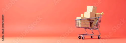 Grocery Shopping Cart Full of Boxes Promoting Sale and Delivery Services with Keywords Related to Products
