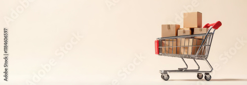 Shopping Cart with a Pile of Boxes: Sale Banner for Delivery Services, Packaging, Product Service