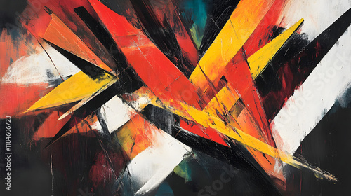 A bold abstract painting of jagged, angular brushstrokes in fiery reds, oranges, and yellows, contrasted with sharp black accents for a dramatic and intense visual impact  photo