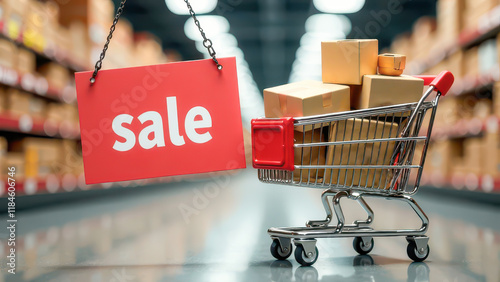 Sale Sign, Shopping Cart with a Pile of Boxes, Delivery Services, Packaging, Product Service