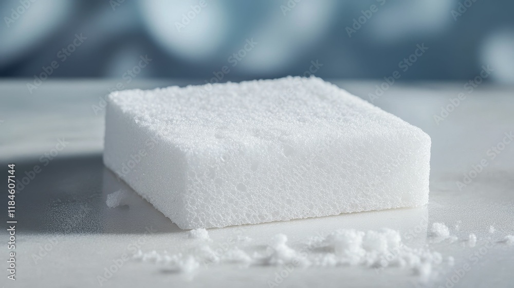 White porous cube, crumbles, light gray surface. White porous cube, crumbles, light gray surface.