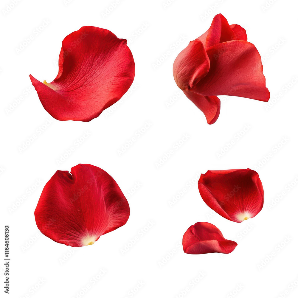 Fototapeta premium Red rose petals on clean white background. Four isolated floral shapes with soft curves and satin texture. Romantic elegance and gentle emotion. Ideal for wedding invites, beauty branding