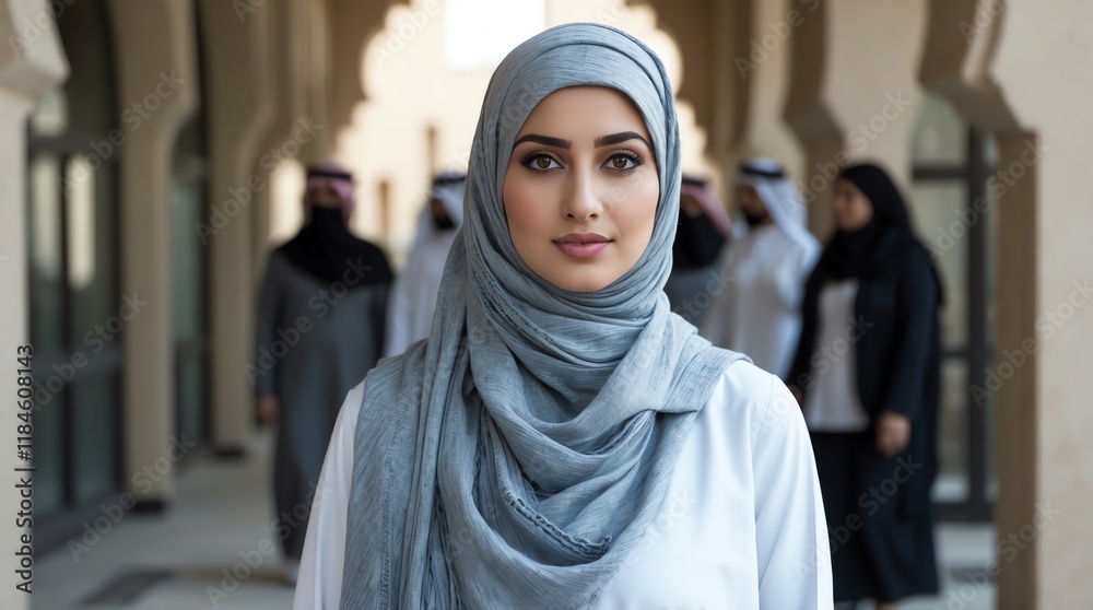 A woman in a hijab stands confidently, with others in traditional attire in the background. A woman in a hijab stands confidently, with others in traditional attire in the background.