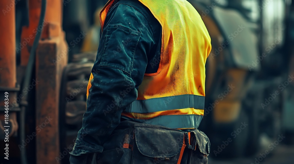 Construction Worker in High-Visibility Safety Vest at Worksite.