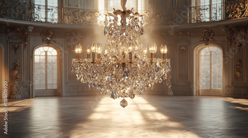 Elegant crystal chandelier illuminating grand ballroom with soft light