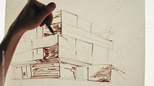 Close-up of drawing buildings by pencil on white paper. The architect making sketches for the projection of the building macro. Drawing and sketching lessons