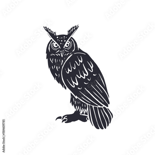 Hand drawn black and white line art eagle-owl standing isolated on white background. Monochrome nocturnal bird vector illustration.