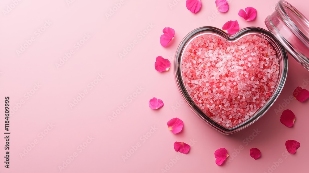 Herbal bath salts in a heartshaped jar surrounded by petals and soft pink light, representing selflove and relaxation Herbal bath salts in a heartshaped jar surrounded by petals and soft pink light, representing selflove and relaxation