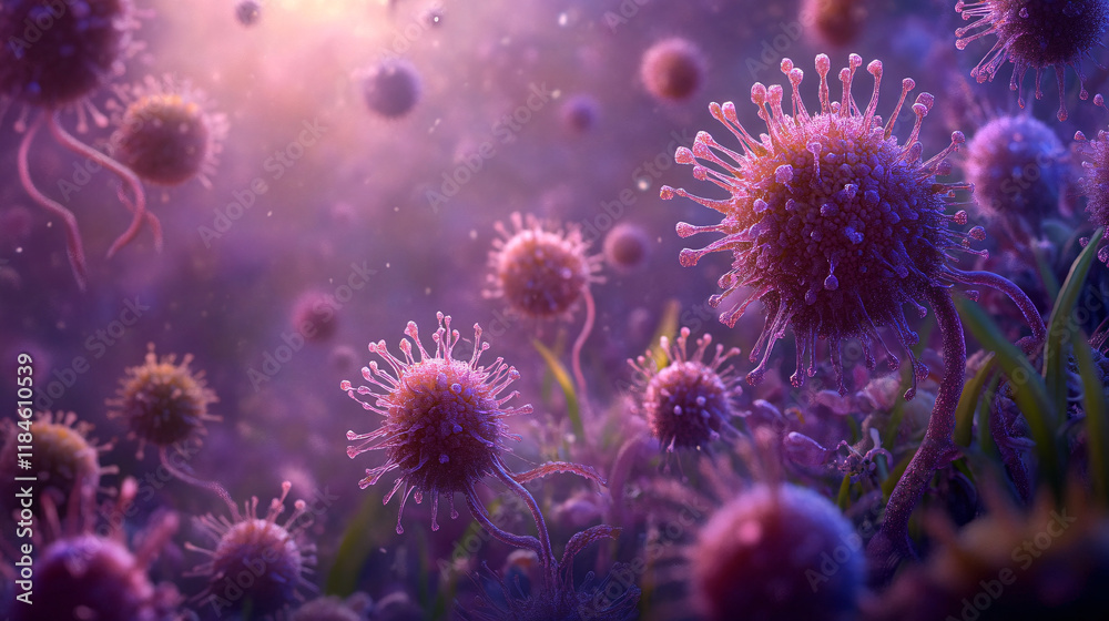 Fototapeta premium Microscopic Virus Field at Sunset