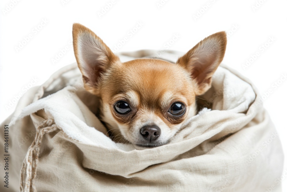 Chihuahua peeking out of a bag on a white isolated background, pet portrait concept Chihuahua peeking out of a bag on a white isolated background, pet portrait concept
