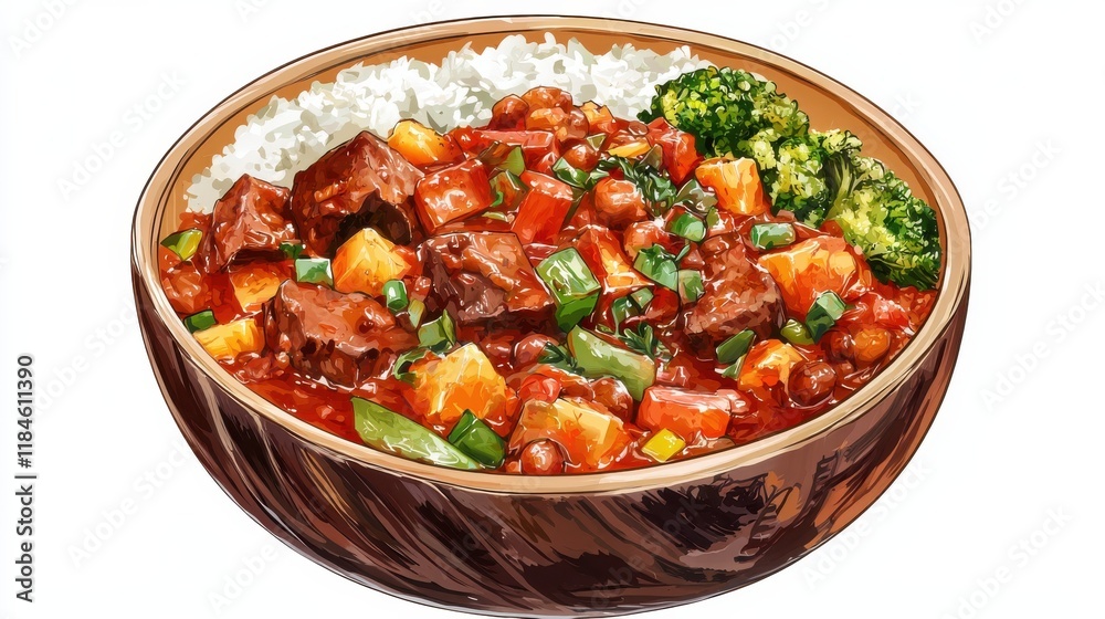 Savory feijoada stew with vegetables and rice isolated on white food culinary delight Savory feijoada stew with vegetables and rice isolated on white food culinary delight