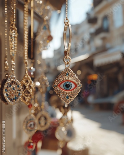 Artisan keychains featuring evil eye charm vibrant market product showcase bright daylight close-up cultural symbolism photo