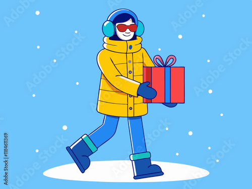 Winter Shopper in Bright Yellow Puffer Coat and Blue Jeans – Stylish Cold-Weather Fashion