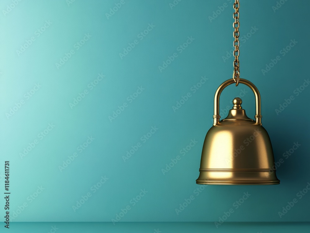 Obraz premium A golden bell hangs from a chain against a teal wall