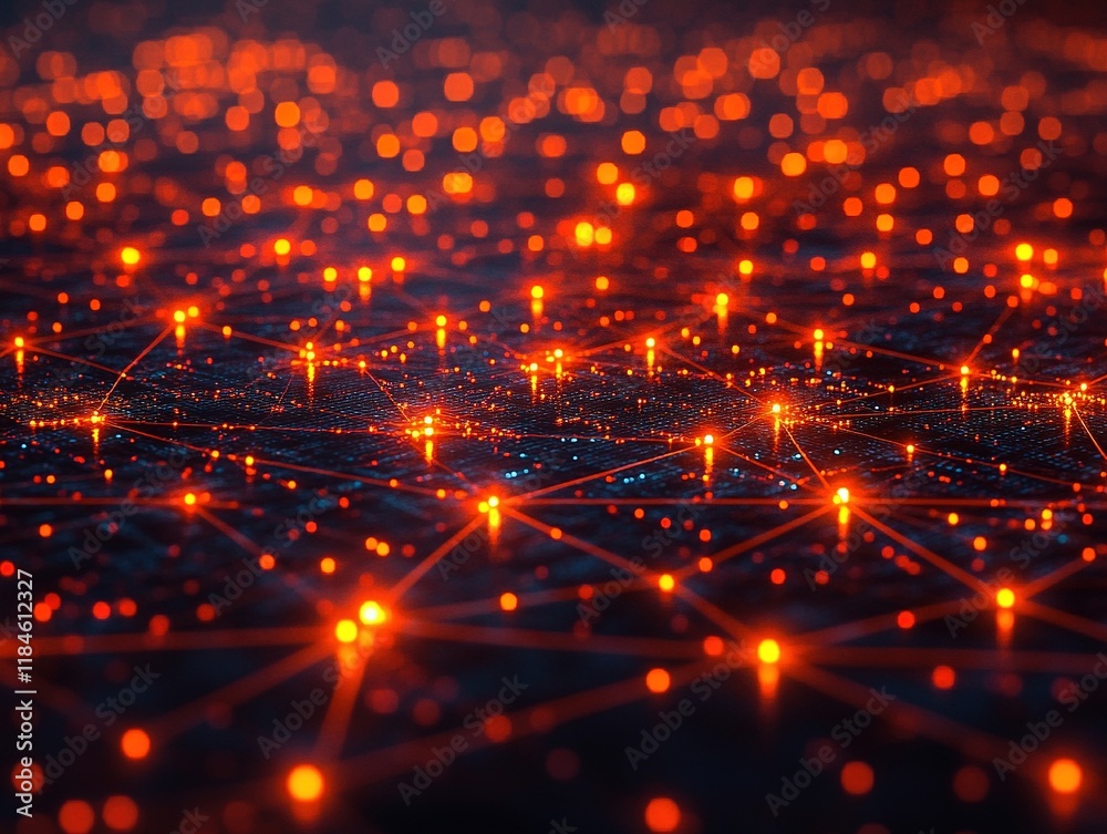Fototapeta premium A digital representation of interconnected nodes and networks glowing in orange and blue hues.