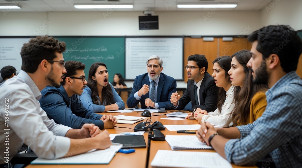 A group discussion in a classroom setting with diverse participants engaged in debate. A group discussion in a classroom setting with diverse participants engaged in debate.