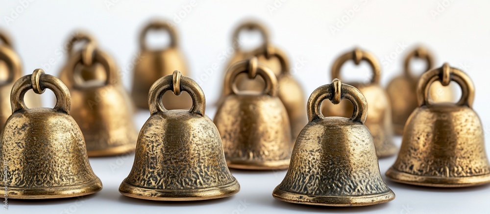 Close-up of multiple small antique brass bells. Close-up of multiple small antique brass bells.