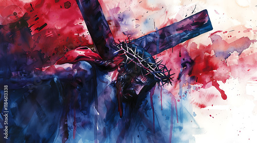 A dramatic watercolor painting of Jesus Christ carrying the cross, vibrant reds and deep blues creating emotional intensity