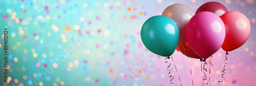 Colorful festive balloons and confetti create a joyful atmosphere for celebrations and parties in any setting. Generative AI photo