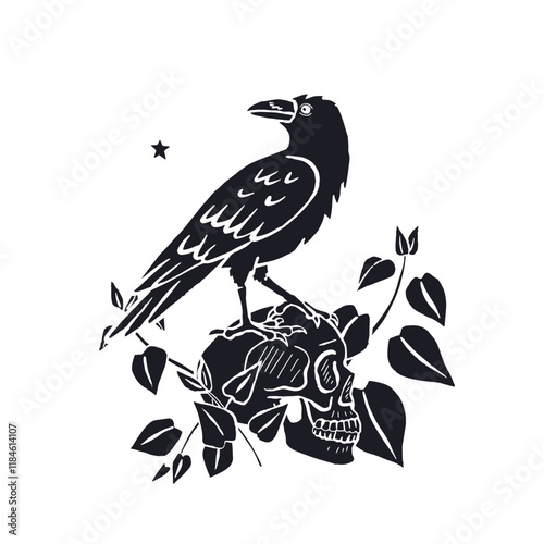 Hand drawn monochrome inky sketch style raven or crow sitting on human skull silhouette isolated on white background. Mystic black bird and head bone surrounded by nettle leaves Halloween design