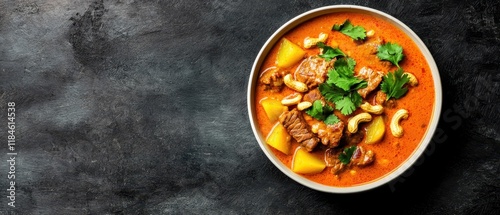 Savoring massaman curry a culinary journey thai kitchen food photography cozy home close-up tender beef and potatoes delight photo