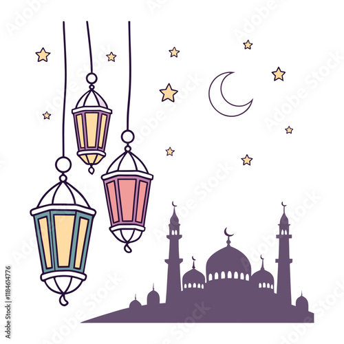 happy ramadan day with hanging lantern and low opacity mosque vector illustration