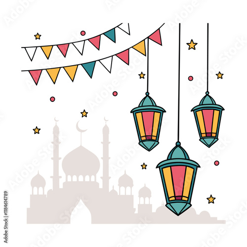happy ramadan day with hanging lantern and low opacity mosque vector illustration