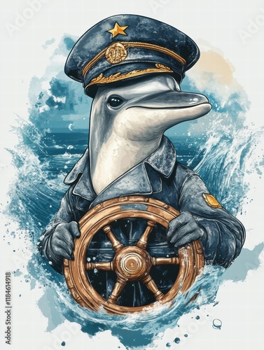 Dolphin captain navigating the ocean with a ships wheel under a bright sky. Generative AI photo