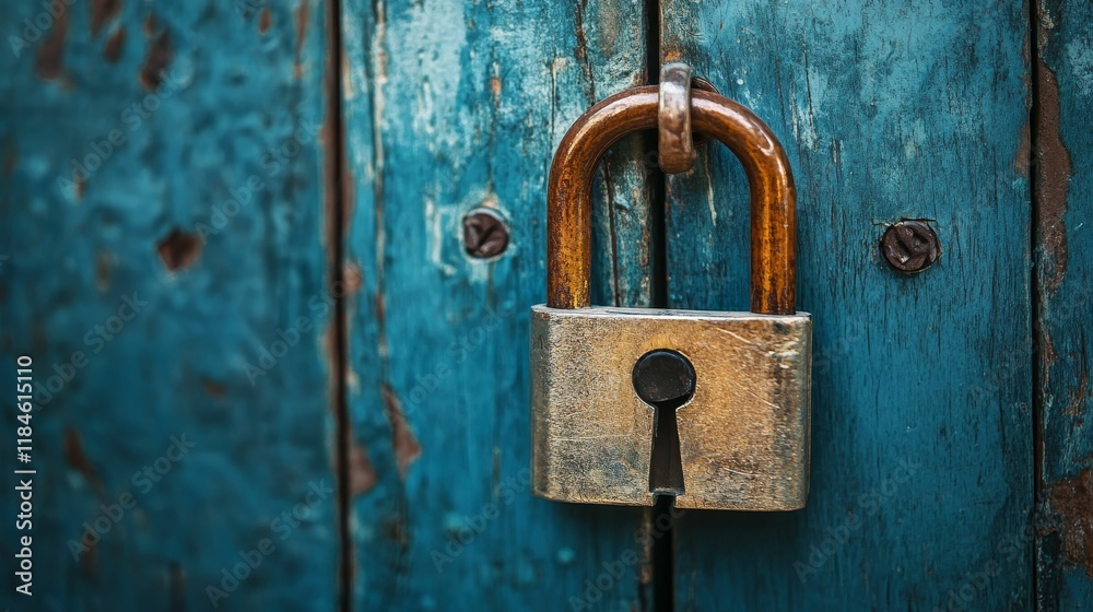 Old padlock secures weathered teal door.