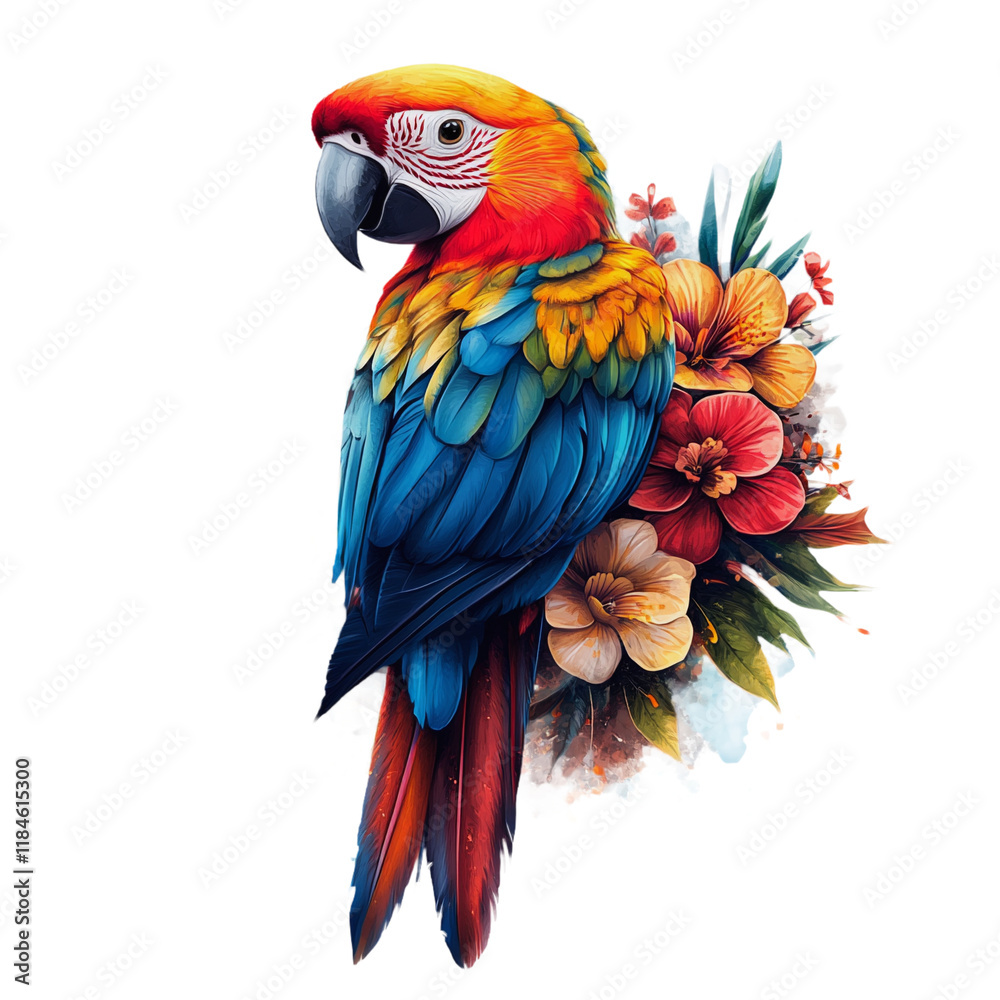 Obraz premium A colorful parrot with vibrant feathers and tropical flowers.