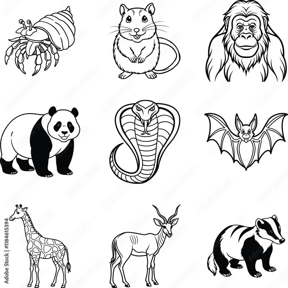 Obraz premium Set of animals line art vector on white background.