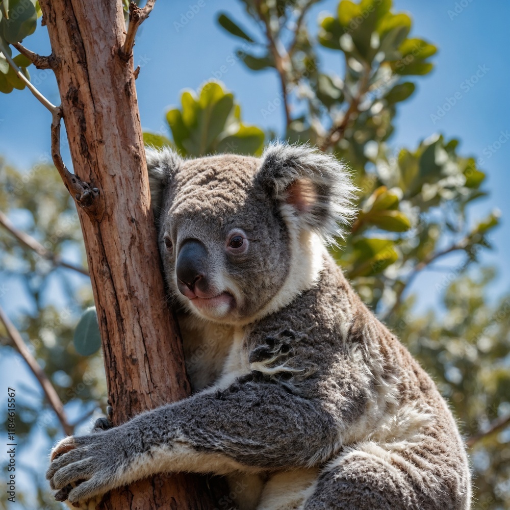 Fototapeta premium A koala resting on a eucalyptus tree with a bright blue sky in the background.