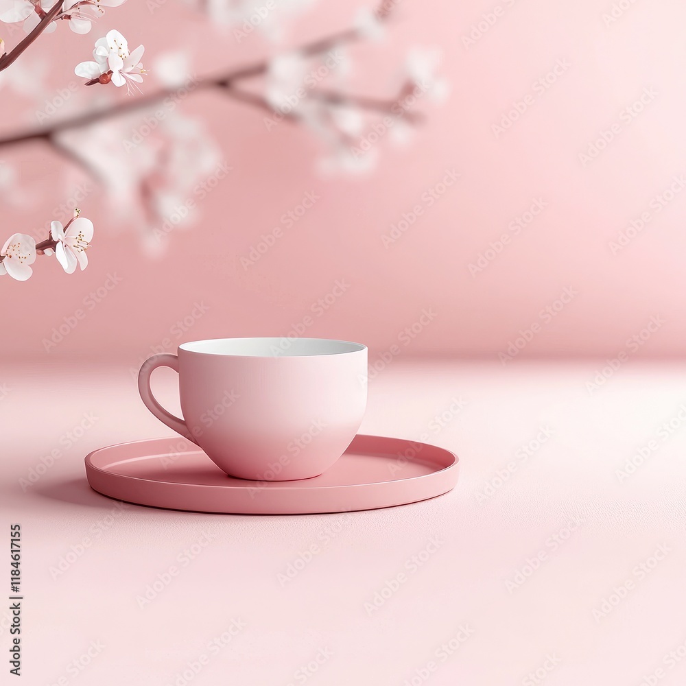 Delicate Pink Mug and Saucer with Cherry Blossom on Soft Background Delicate Pink Mug and Saucer with Cherry Blossom on Soft Background