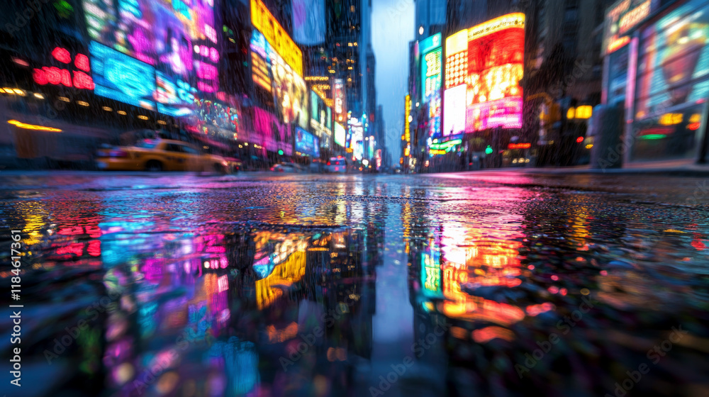 Obraz premium Abstract view of colorful puddles reflecting neon lights in a dark urban setting.