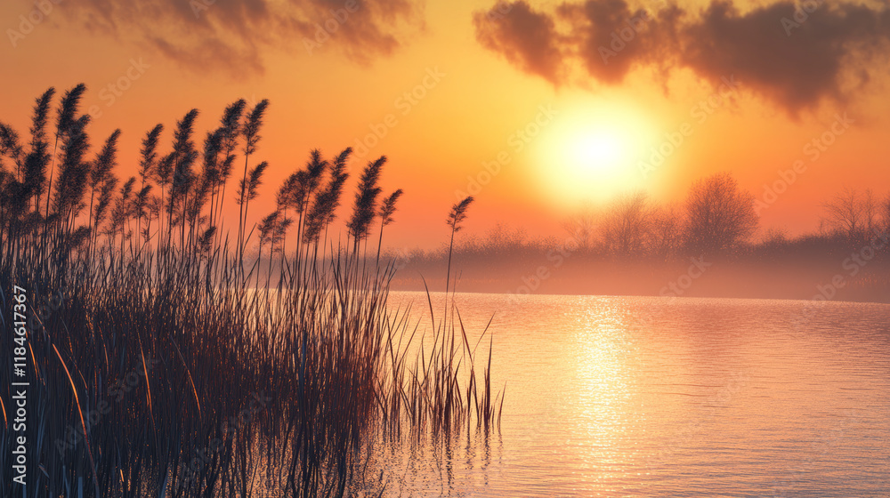 Obraz premium A stunning sunset over marshland featuring metallic reeds gracefully reflecting in the water.