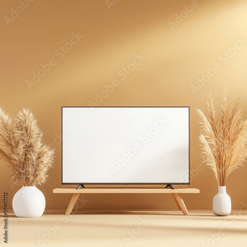 Minimalist Living Room with Blank TV Screen and Dry Plants photo