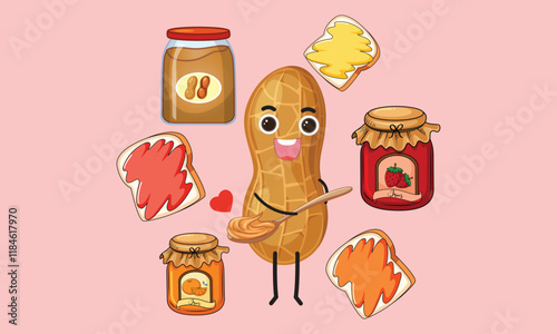 Peanut Butter and Jelly Sandwich, Jars of Peanut Butter and Jelly with Peanut Butter and Jelly on Slices of Bread.National Peanut butter and jelly day design elements.